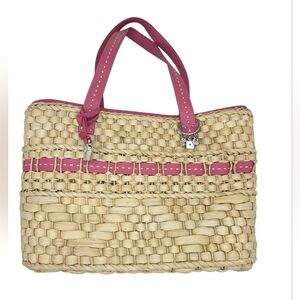 Brighton Carmella Y2k Natural Straw Woven Pink Leather Trim Tote Shoulder Bag
